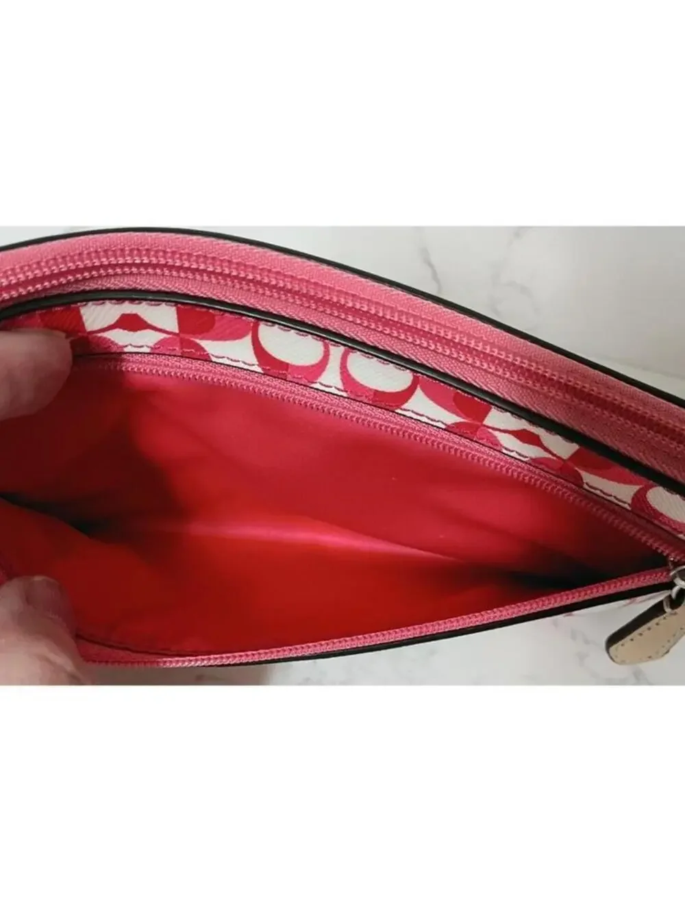 Coach Pink and White Signature Zip Wristlet Clutch